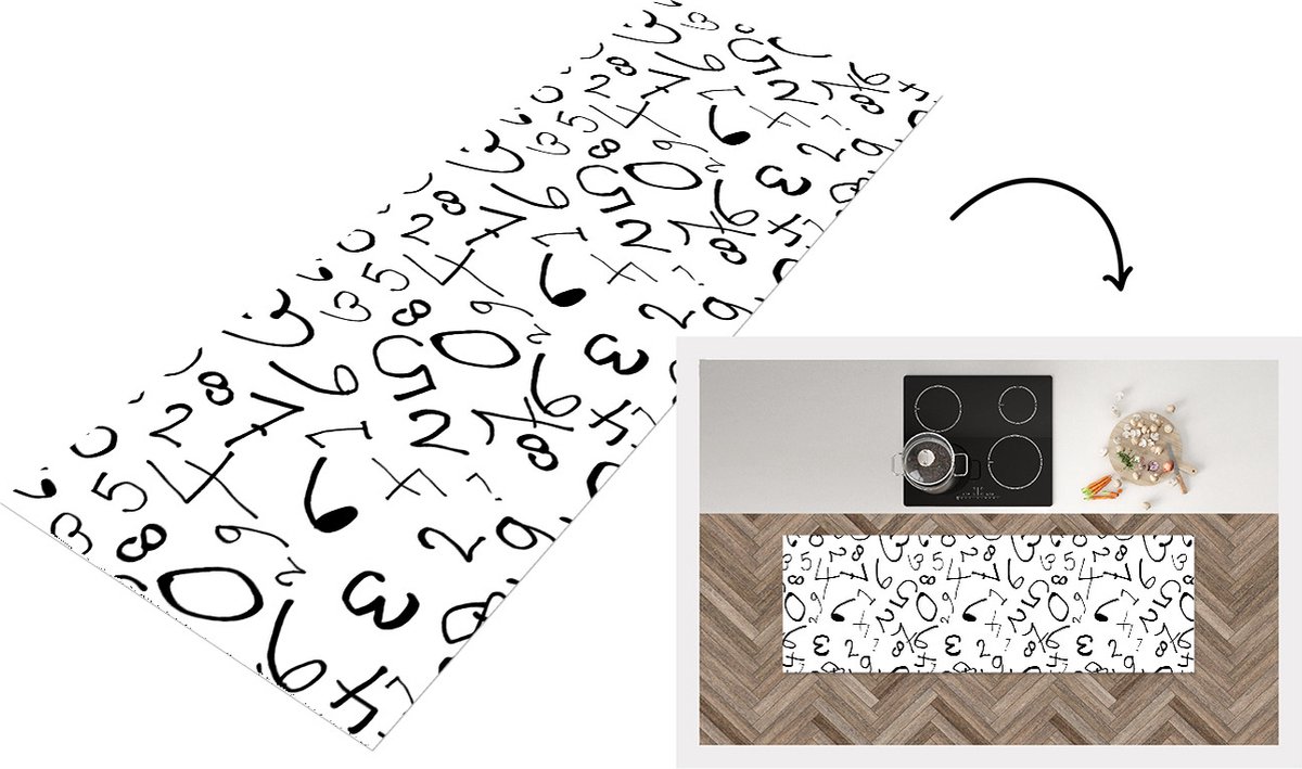 KitchenYeah Keukenloper - Loper keuken - Nummer - Cijfers - Patronen - Zwart wit - 180x60 cm - Keukenloper vinyl Zwart; Wit