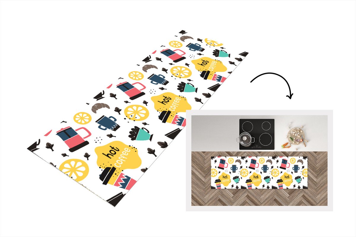 Keukenloper - Loper keuken - Patronen - Koffie - Ontbijt - Croissant - 180x60 cm - Keukenl