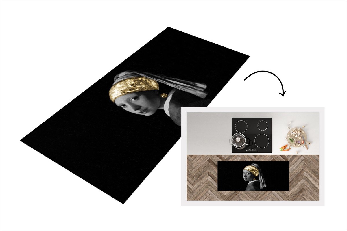 KitchenYeah Keukenloper - Loper keuken - Meisje met de parel - Goud - Vermeer - 120x50 cm - Keukenloper vinyl Multicolor