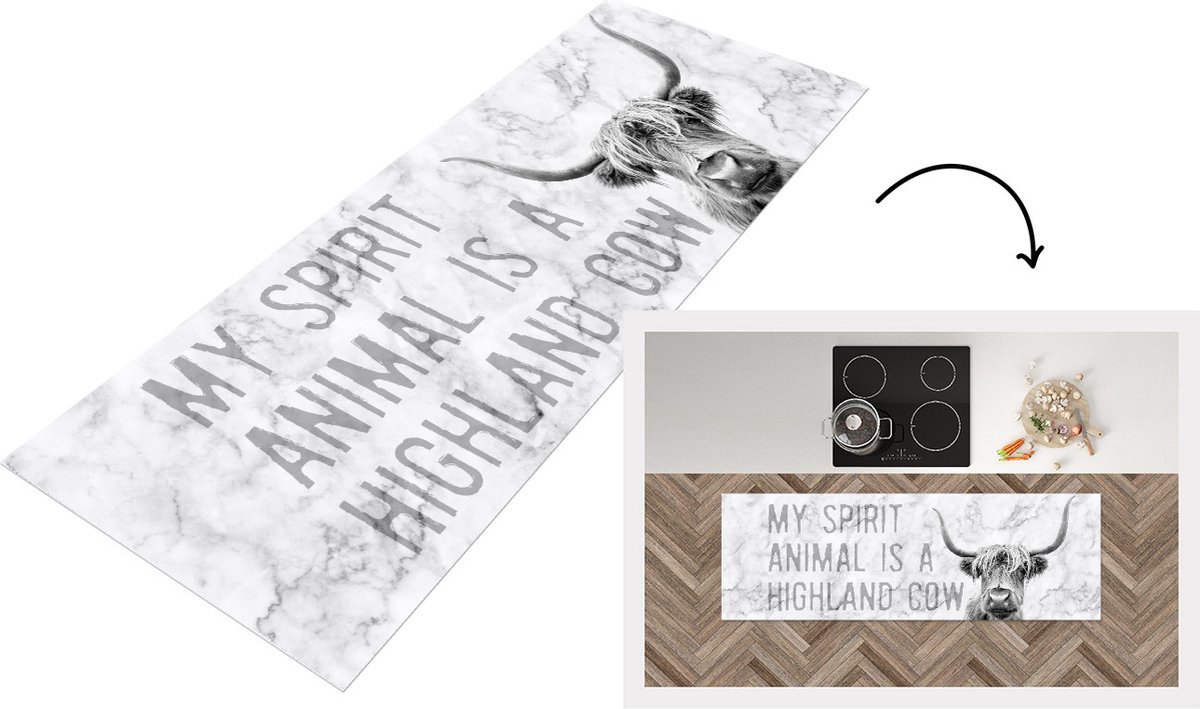 KitchenYeah Keukenloper - Loper keuken - Schotse hooglander - Koe - Quote - 180x60 cm - Keukenloper vinyl Multicolor
