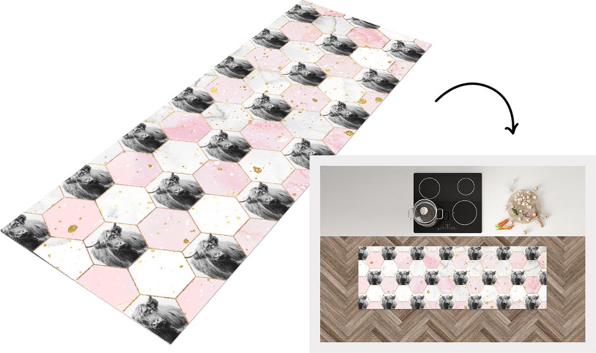 KitchenYeah Keukenloper - Loper keuken - Schotse hooglander - Design - Marmer - Pastel - 150x50 cm - Keukenloper vinyl Multicolor