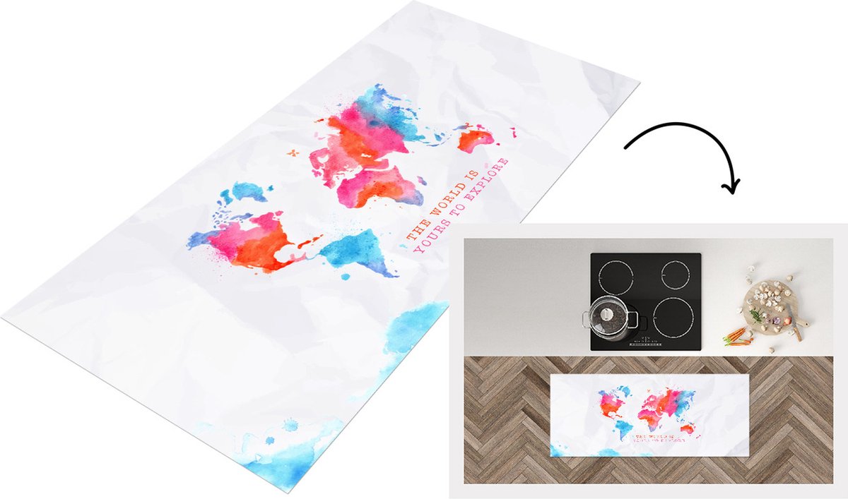 KitchenYeah Keukenloper - Loper keuken - Kaart - Aquarelverf - Tekst - Wit - 120x50 cm - Keukenloper vinyl Multicolor