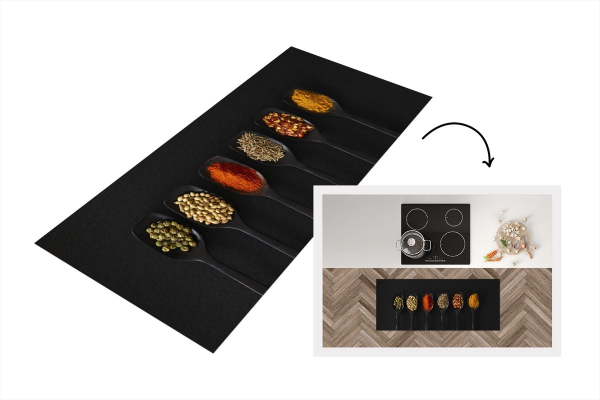KitchenYeah Keukenloper - Loper keuken - Kruiden op een zwarte lepel - 120x50 cm - Keukenloper vinyl Multicolor