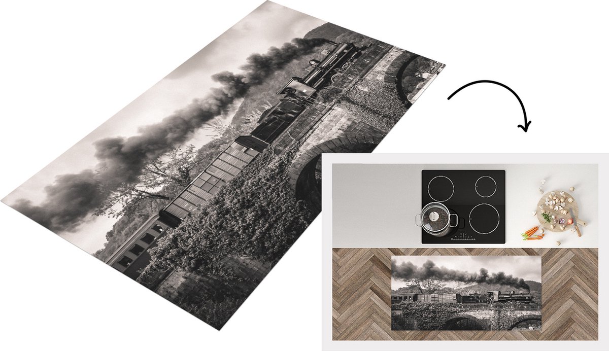KitchenYeah Keukenloper - Loper keuken - Zwart-witte afbeelding van een Stoomlocomotief - 120x60 cm - Keukenloper vinyl Zwart; Wit