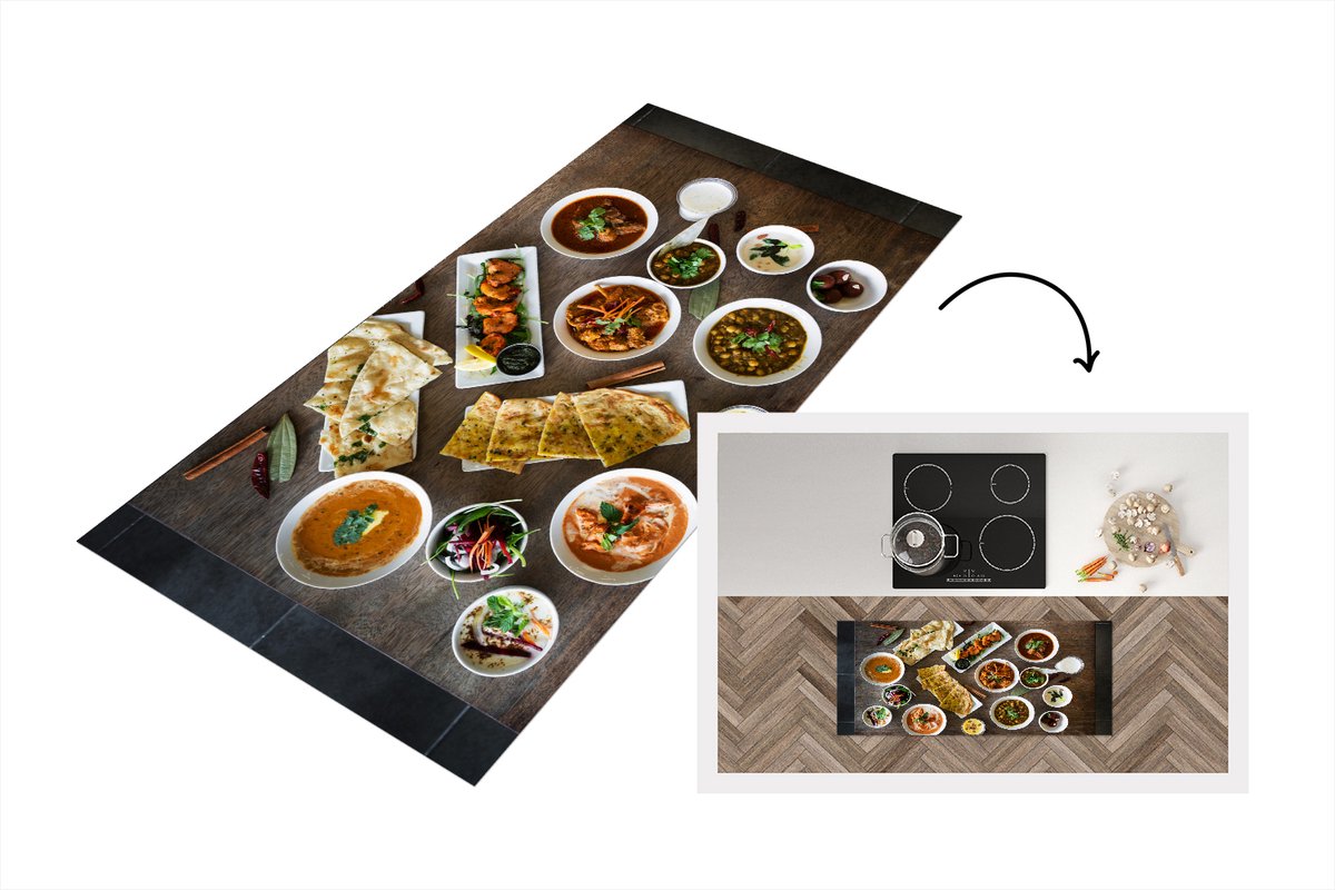 KitchenYeah Keukenloper - Loper keuken - Witte borden en schalen gevuld met Indiaas eten op een houten tafel - 120x50 cm - Keukenloper vinyl Multicolor