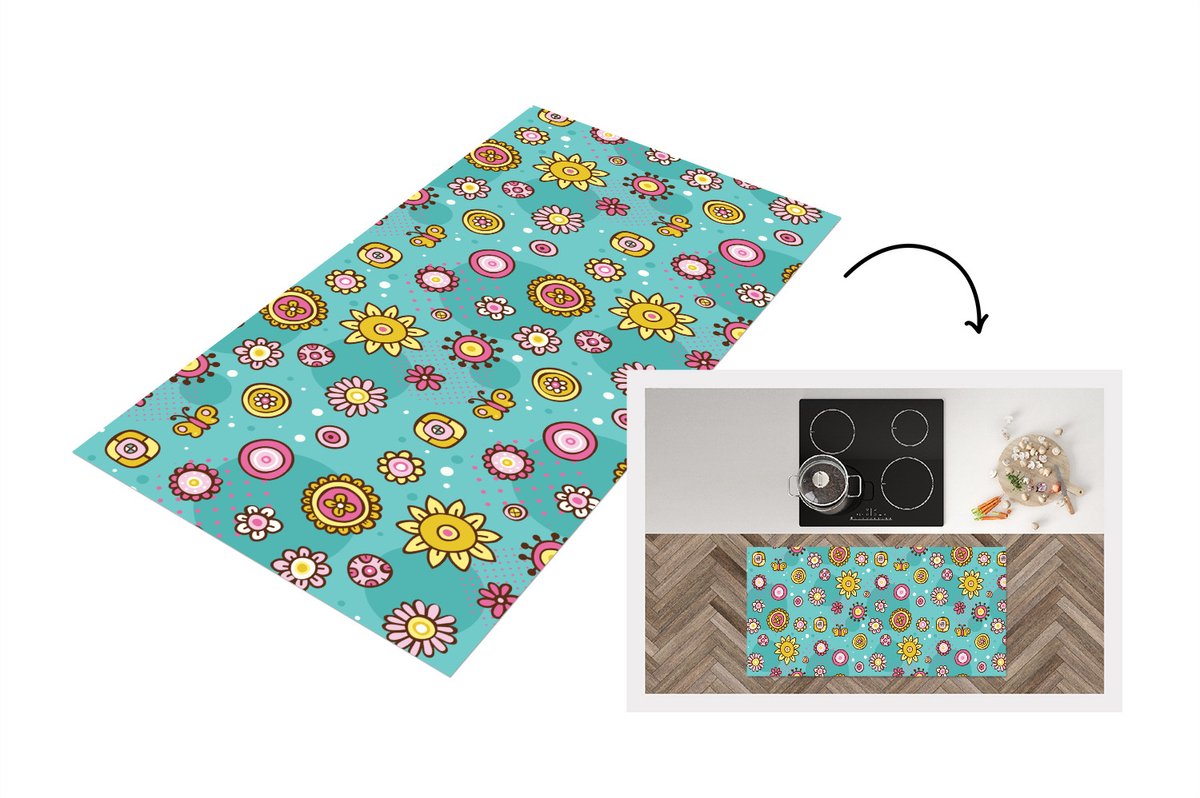 KitchenYeah Keukenloper - Loper keuken - Bloemen - Vlinders - Patronen - 120x60 cm - Keukenloper vinyl Multicolor