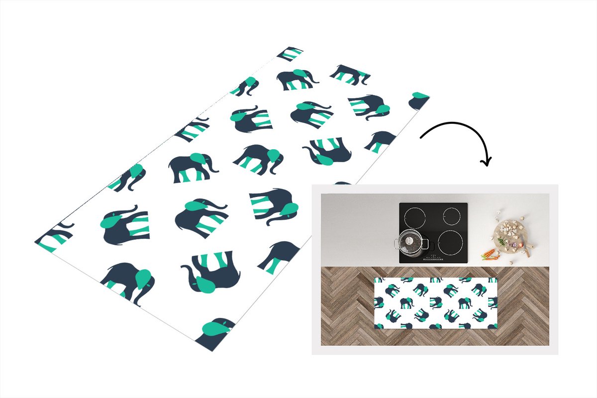 KitchenYeah Keukenloper - Loper keuken - Olifant - Patroon - Groen - 120x50 cm - Keukenloper vinyl Multicolor