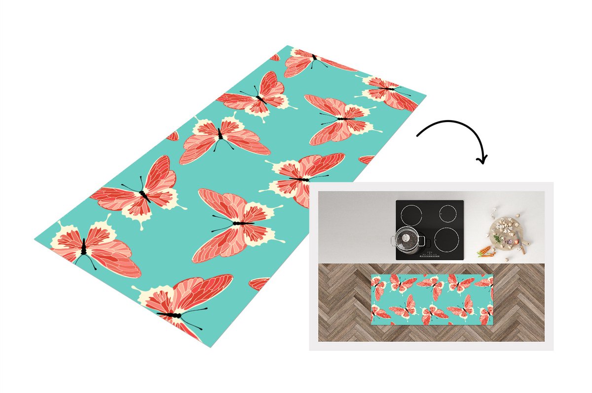 KitchenYeah Keukenloper - Loper keuken - Vlinders - Roze - Patroon - 120x50 cm - Keukenloper vinyl Multicolor