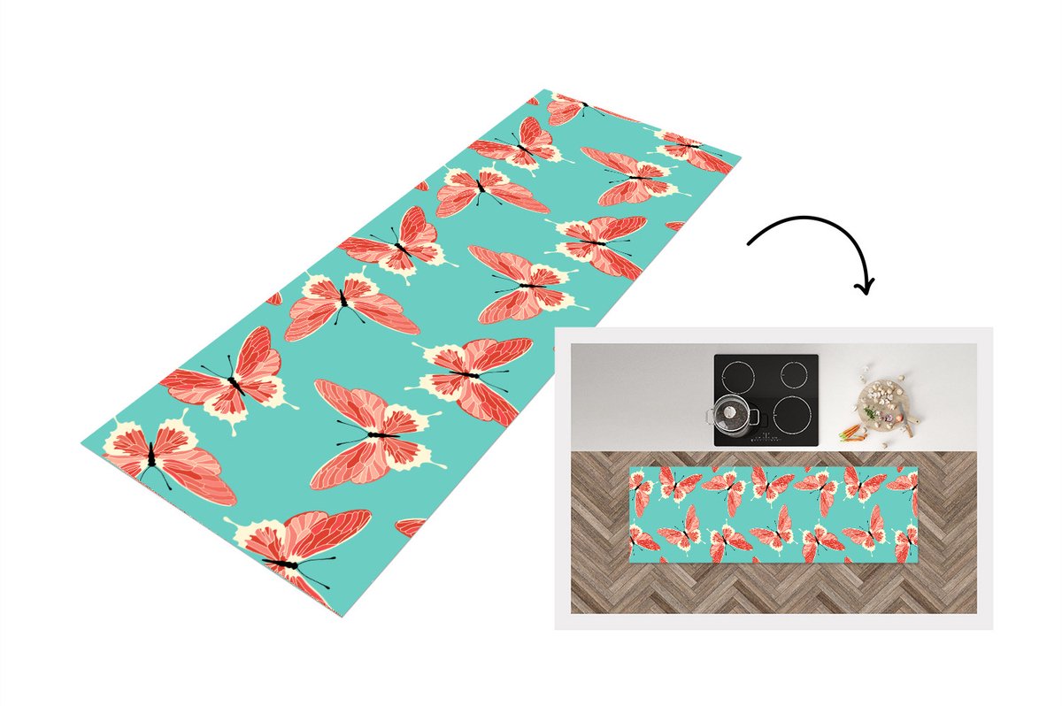 KitchenYeah Keukenloper - Loper keuken - Vlinders - Roze - Patroon - 180x60 cm - Keukenloper vinyl Multicolor