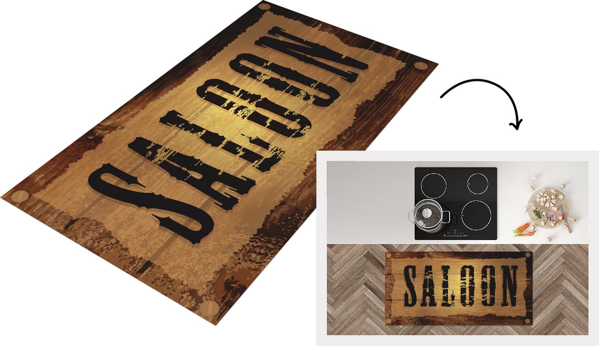 KitchenYeah Keukenloper - Loper keuken - een houten bar bord 'Saloon' - 120x60 cm - Keukenloper vinyl Multicolor