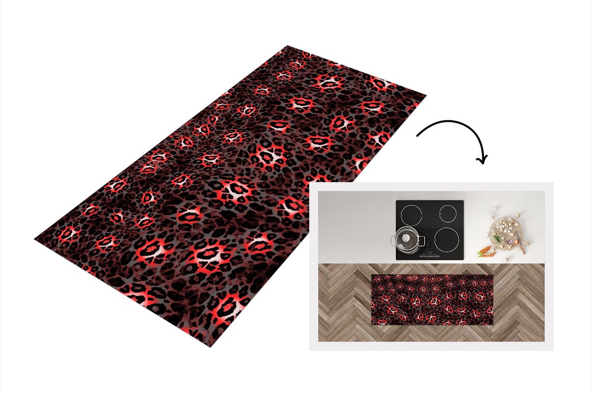KitchenYeah Keukenloper - Loper keuken - Panterprint - Rood - Vacht - 120x50 cm - Keukenloper vinyl Multicolor