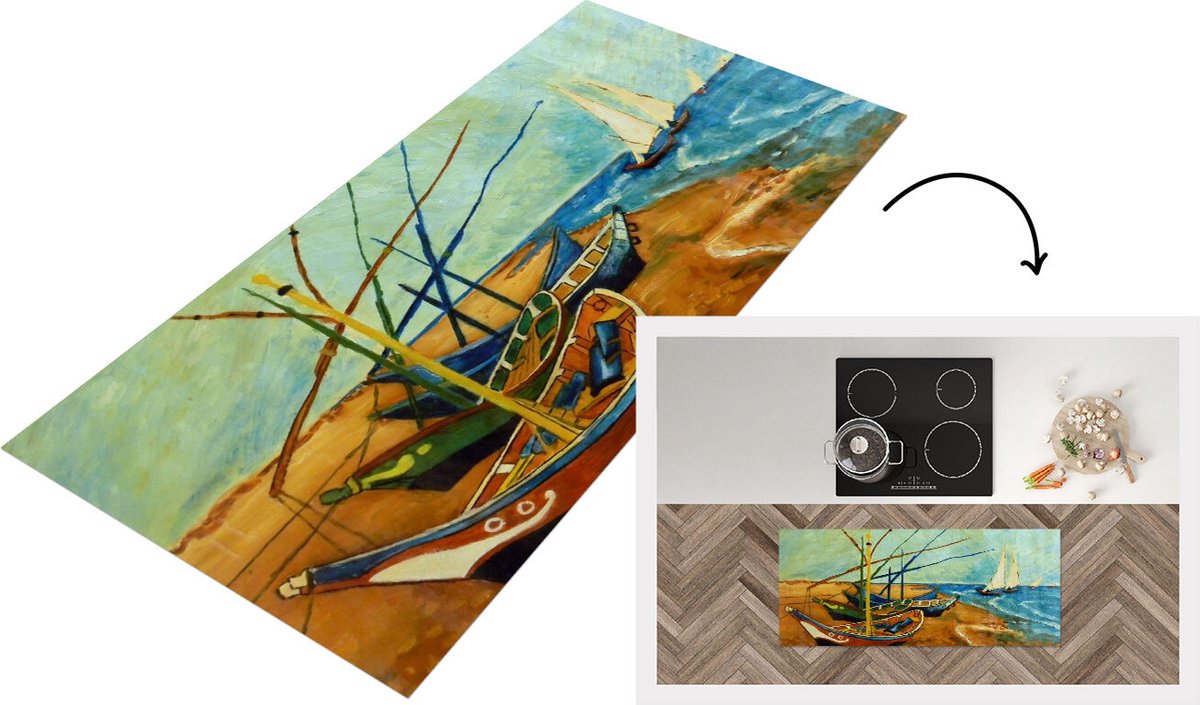 KitchenYeah Keukenloper - Loper keuken - Vissersboten op het strand - Vincent van Gogh - Keukenloper vinyl Multicolor