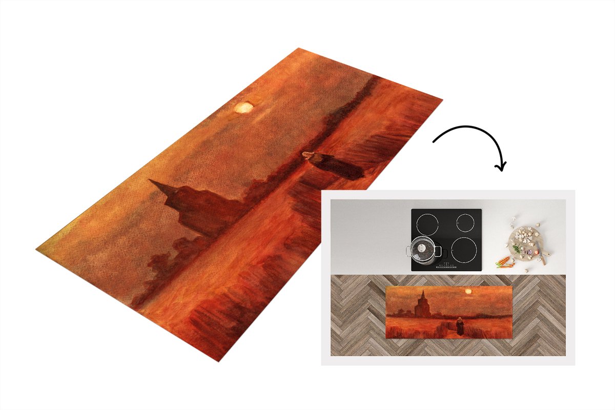 KitchenYeah Keukenloper - Loper keuken - De oude toren op de gebieden - Vincent van Gogh - 120x50 cm - Keukenloper vinyl Multicolor
