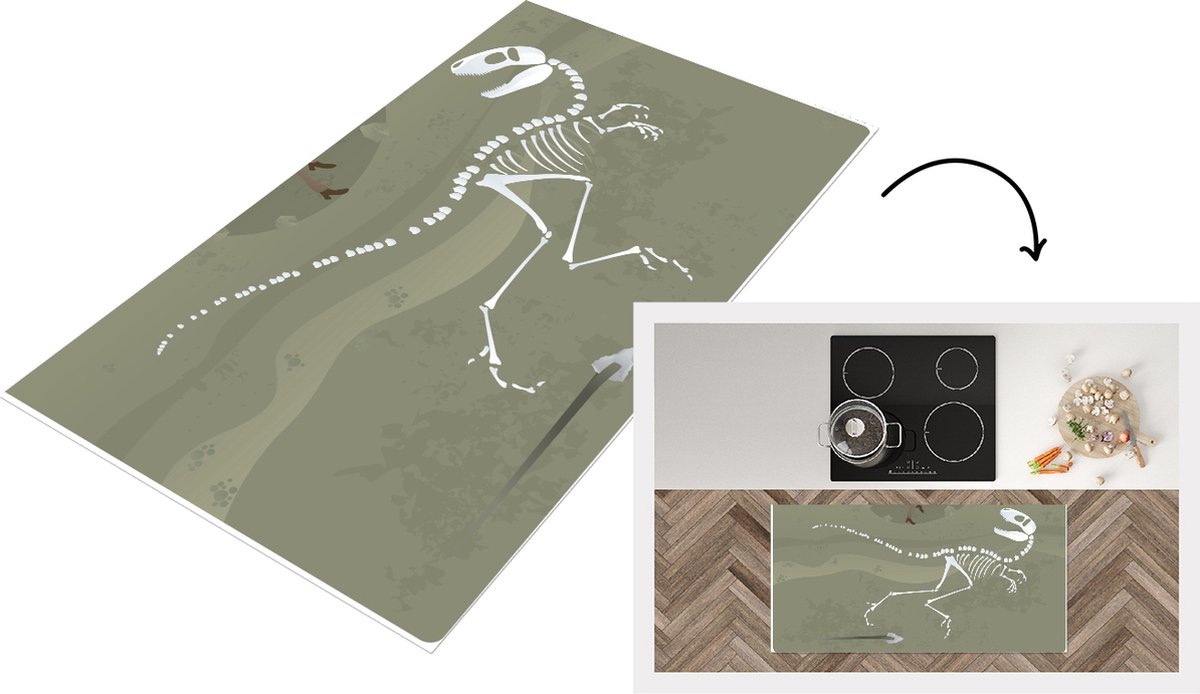 KitchenYeah Keukenloper - Loper keuken - Dinosaurus - Skelet - Archeologie - Tekening - 120x60 cm - Keukenloper vinyl Multicolor