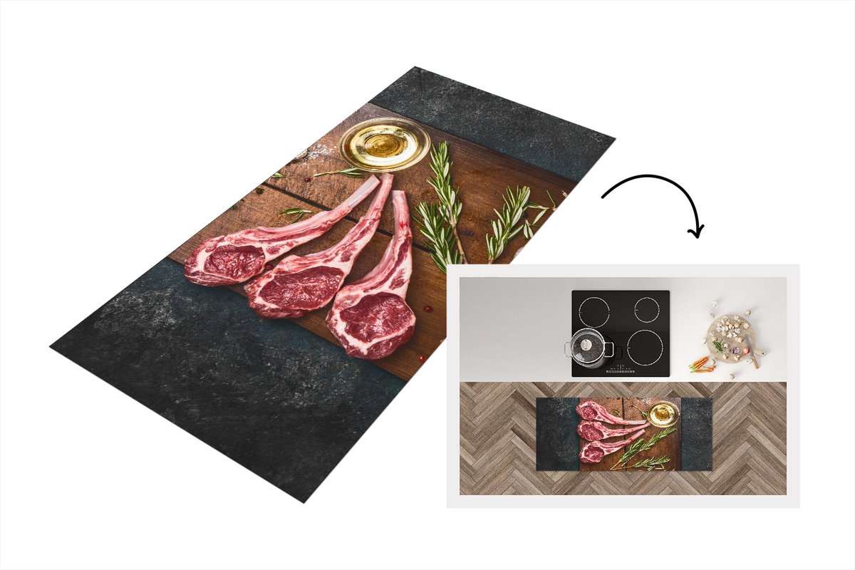 KitchenYeah Keukenloper - Loper keuken - Lamsvlees op een donkere houten snijplank - 120x50 cm - Keukenloper vinyl Multicolor