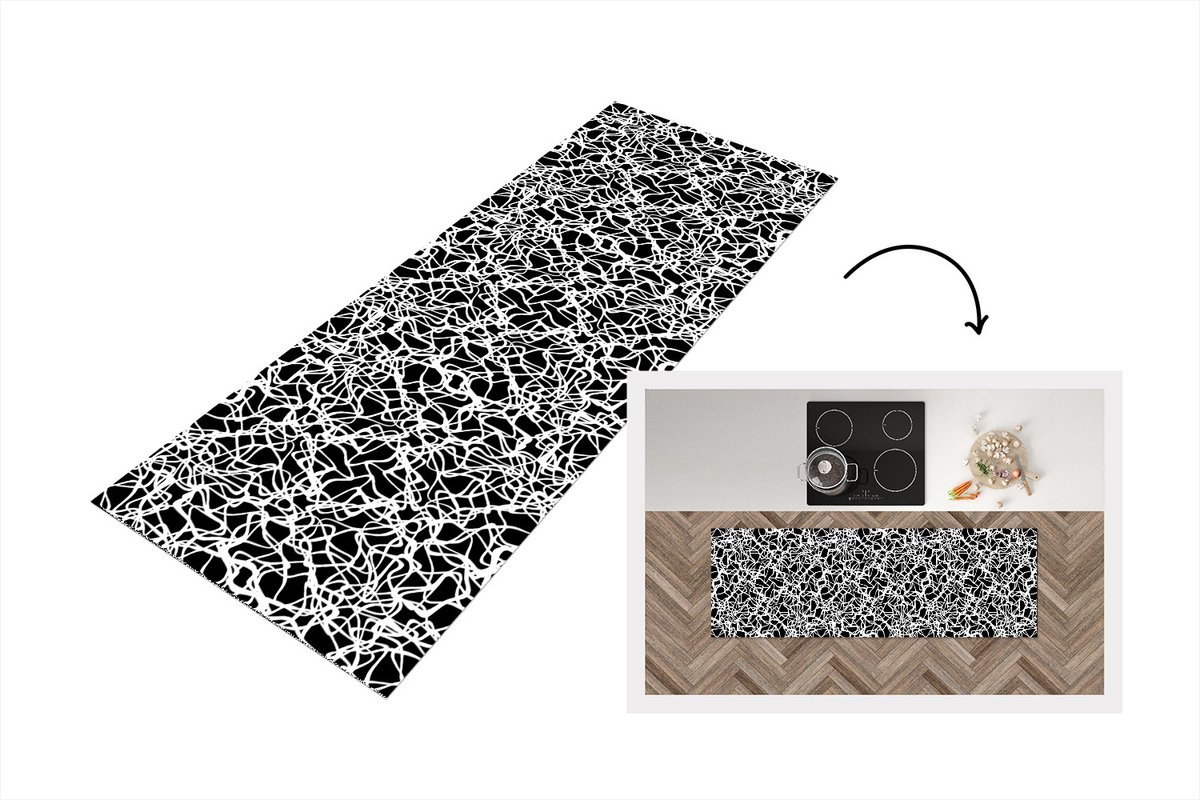 KitchenYeah Keukenloper - Loper keuken - Patroon - Abstract - Zwart Wit - 150x50 cm - Keukenloper vinyl Zwart; Wit