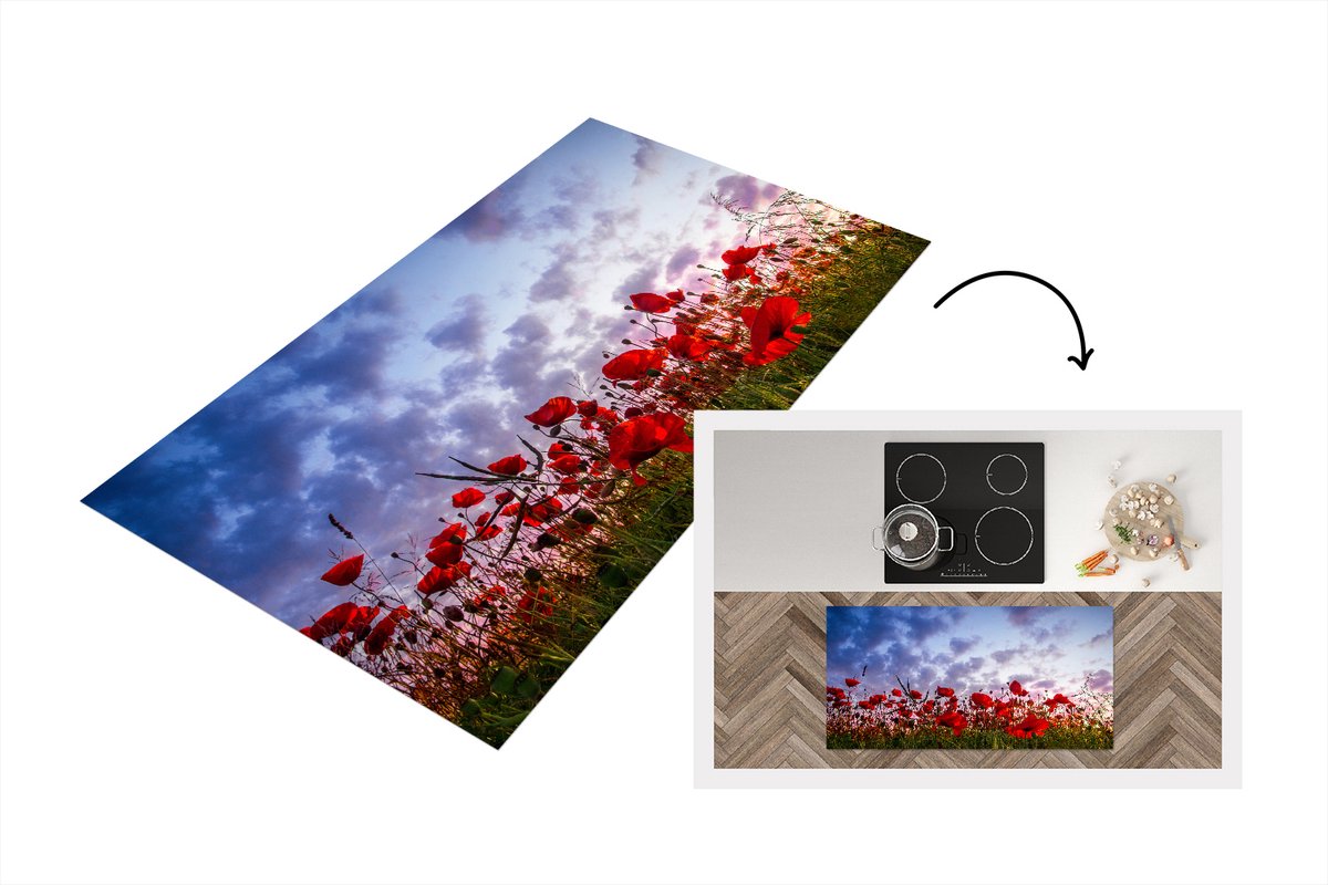 KitchenYeah Keukenloper - Loper keuken - Panorama van een kleurrijk veld klaprozen - 120x60 cm - Keukenloper vinyl Multicolor