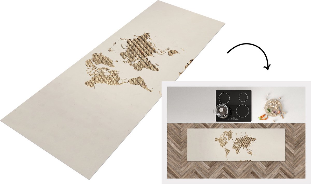 KitchenYeah Keukenloper - Loper keuken - Wereldkaart - Touw - Jute - 180x60 cm - Keukenloper vinyl Multicolor