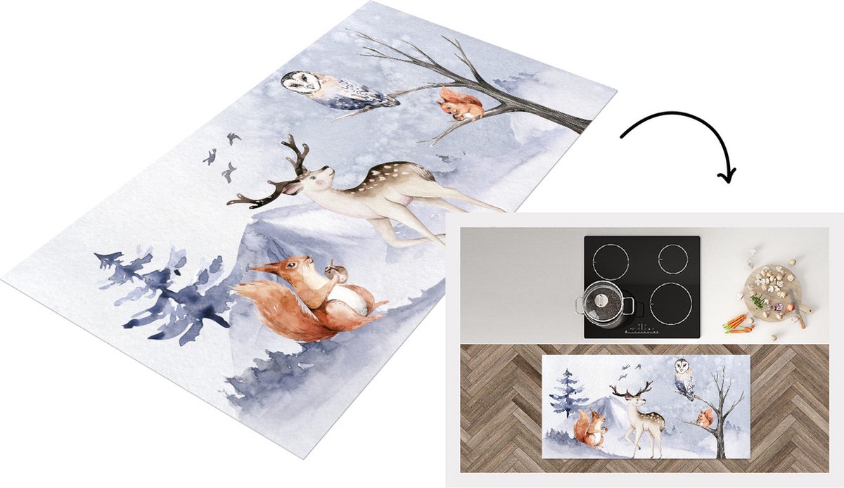 KitchenYeah Keukenloper - Loper keuken - Winter - Hert - Eekhoorn - 120x60 cm - Keukenloper vinyl Multicolor