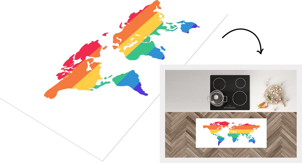 KitchenYeah Keukenloper - Loper keuken - Wereldkaart - Pride - Regenboog - 120x50 cm - Keukenloper vinyl Multicolor