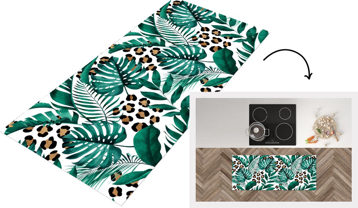 KitchenYeah Keukenloper - Loper keuken - Panterprint - Palmblad - Groen - 120x50 cm - Keukenloper vinyl Multicolor