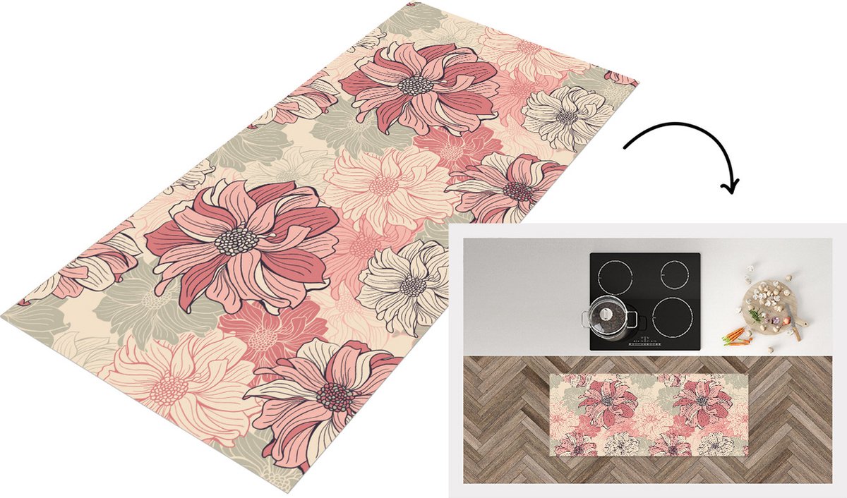 KitchenYeah Keukenloper - Loper keuken - Patroon - Bloem - Design - Jaren 20 - 120x50 cm - Keukenloper vinyl Multicolor