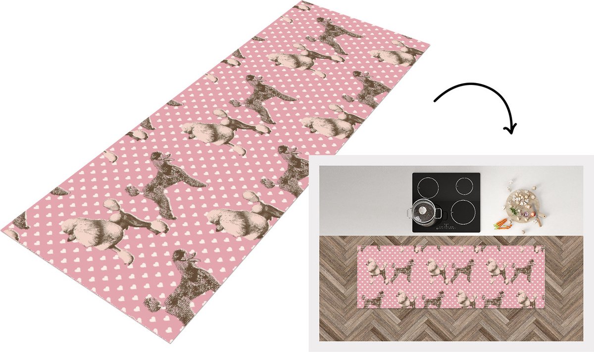 KitchenYeah Keukenloper - Loper keuken - Hart - Poedel - Patroon - 150x50 cm - Keukenloper vinyl Multicolor