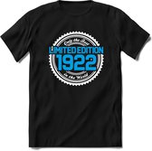 1922 Limited Edition | Feest Kado T-Shirt Heren - Dames | Wit - Blauw | Perfect Verjaardag Cadeau Shirt | Grappige Spreuken - Zinnen - Teksten | Maat XL