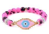 Armband Dames - Kralen en Oog - Elastisch Bandje - Roze