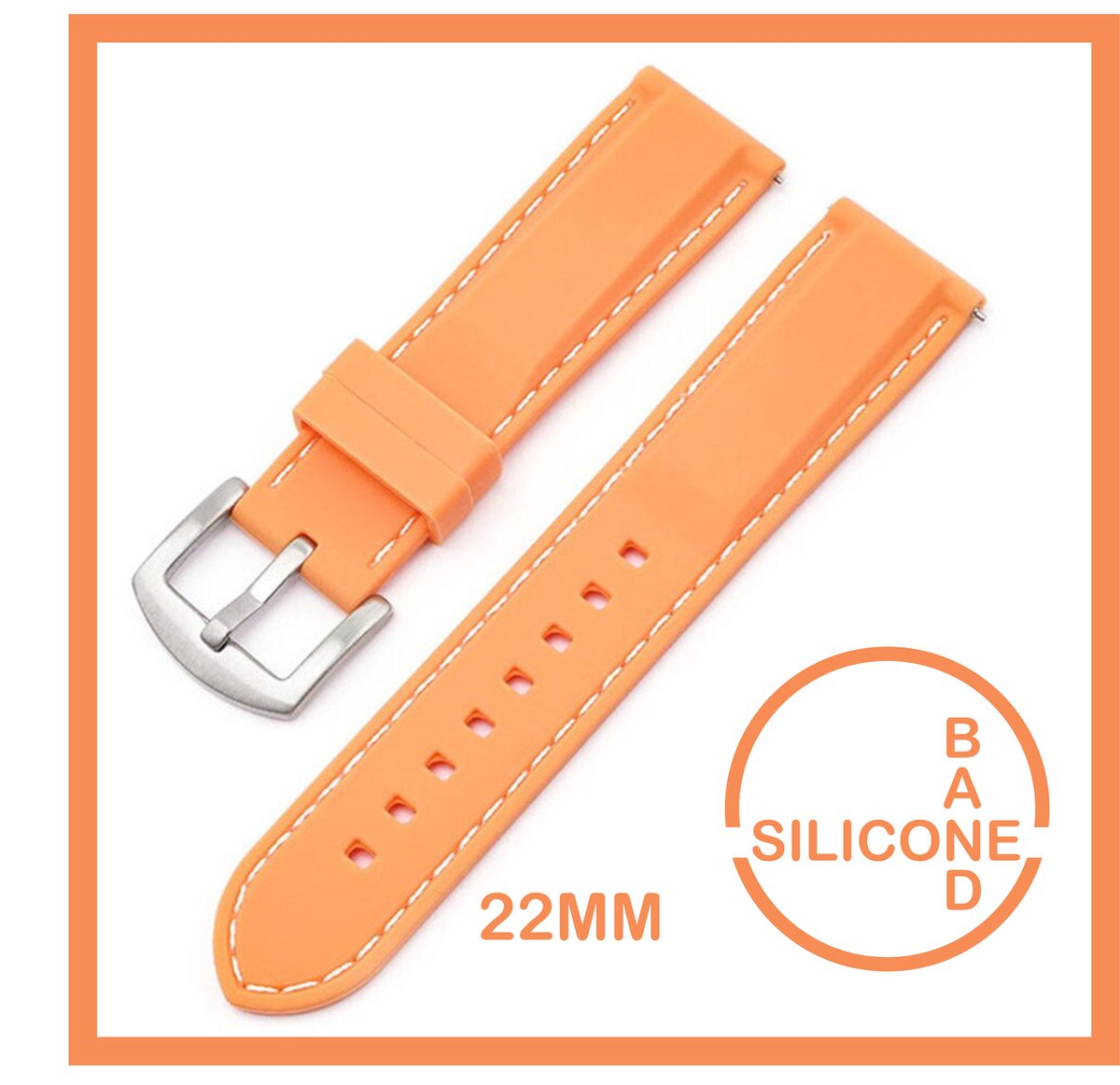 22mm Rubber Siliconen horlogeband Kleur Zalm met witte stiksels passend op o.a Casio Seiko Citizen en alle andere merken - 22 mm Bandje - Horlogebandje horlogeband