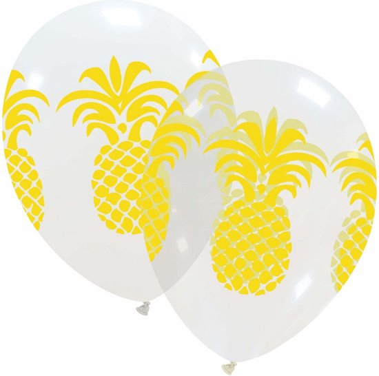 Pineapple / ananas ballonnen, 6 stuks, 30 cm, latex, wit/transparant bedrukt met ananassen