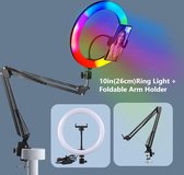 10 Inch - Selfie RGB-ringlicht - Fotografie LED-rand van lamp - met opvouwbare armhouder
