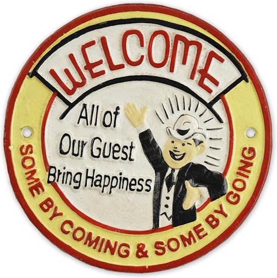 MadDeco - gietijzer - wandbord - rond - Welcome All of our guests bring happiness some by coming some by going