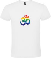 Wit T shirt met print van "Oem / Ohm teken in regenboogkleuren " print Multicolor size S