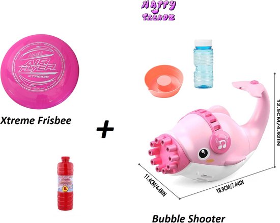 Foto: Happy trendz dolfijn bellenblaas machine frisbee 1 liter zeepsop roze zomer speelgoed