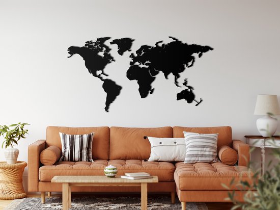 Décoration murale |Carte du Wereldkaart / décor de carte du monde | Métal - Art mural | Décoration murale | Salle de séjour |Noir| 101x53cm