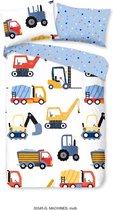 1-persoons dekbedovertrek (dekbed hoes) "bouw machines" wit / blauw met heftruck, kraan, trekker / tractor, vrachtwagen / truck en bouwvoertuigen KATOEN 140 x 220 cm