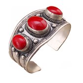 Bee on the Loose Tibetaanse Bangle - Boho Armband - Rood - Tibetaans Zilver