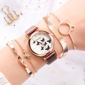 Set van armbanden met klassiek horloge in vlinderstijl -  Met magnetische gesp - Luxe details - Roze Goud