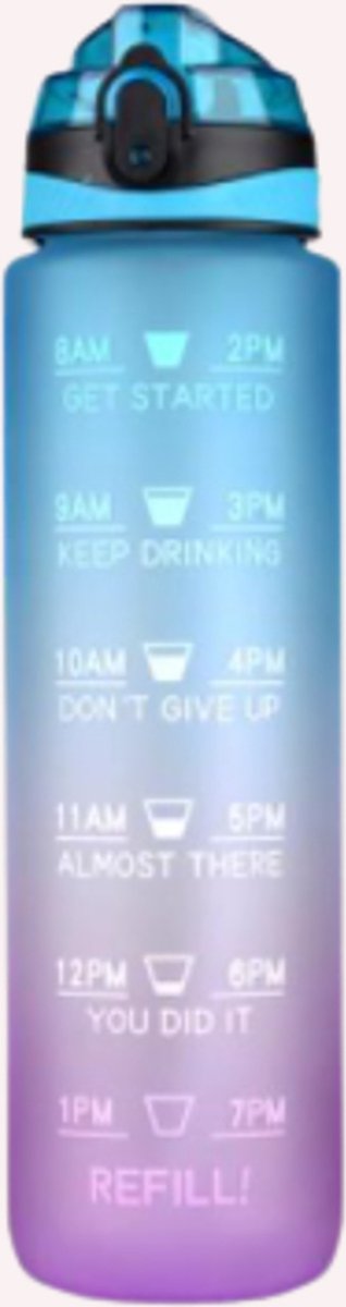MT Deals - Waterfles met rietje - 1 Liter - 1L - Paars/roze kleur met Blauw - Water fles - Water bottle - Drink voldoende water - Maattabel - Kinderen en volwassenen