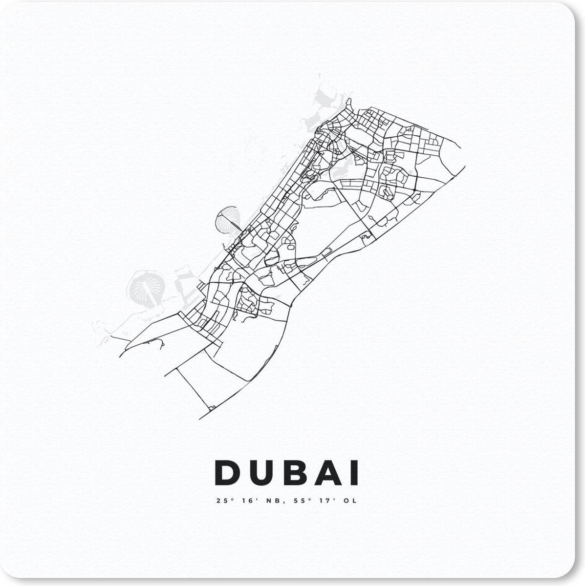 Muismat 20x20 cm - Mousepad Dubai - Stadskaart - Zwart Wit - Muismatten