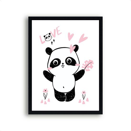 Poster Roze Panda Knuffel geven - Hartjes - Meisjeskamer - Babyshower / Geboorte Cadeau - Babykamer - 70x50cm - Postercity
