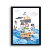 Poster Piraten beertje konijn olifant en dino op de boot licht - piraten thema / Dieren / 40x30cm