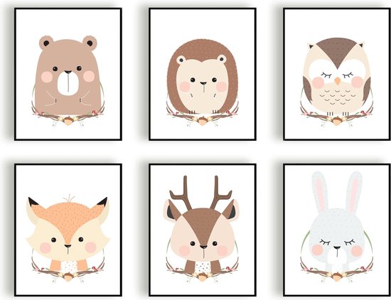 Poster Set 6 Lieve Vos Beer Hert Uil Egel Konijn - Bos Dieren - Kinderkamer - Dieren Poster - Babykamer - Kinderposter / Babyshower Cadeau - 50x40cm - PosterCity