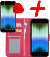 Hoes voor iPhone SE 2022 Hoesje Bookcase 2x Screenprotector - Hoes voor iPhone SE 2022 Case Hoes Cover - Hoes voor iPhone SE 2022 Met 2x Screenprotector - Donker roze