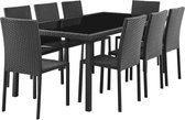 Tuinset - tafel van gehard glas en 8 stoelen van zwart geweven hars - Tafel 200 x 100 x73 cm - Stoel: 44 x 54 x 8