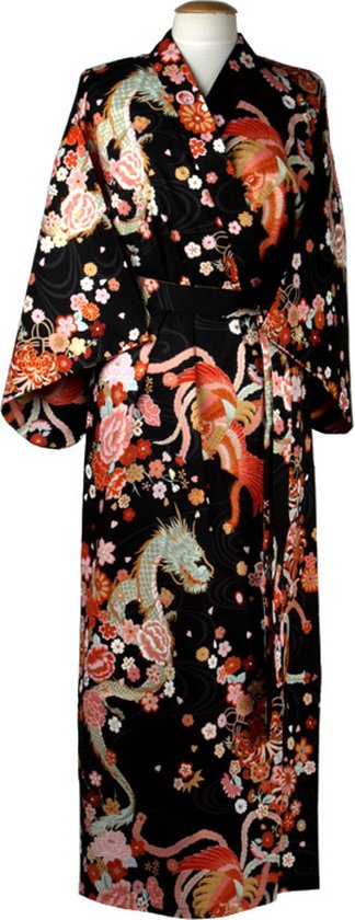 DongDong - Kimono japonais original - Katoen - Motif Dragon et Phoenix - Zwart - L/XL