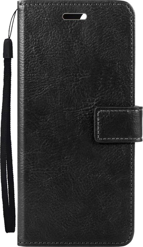 Étui portefeuille en cuir noir pour téléphone portable, fermé avec rabat magnétique et dragonne.