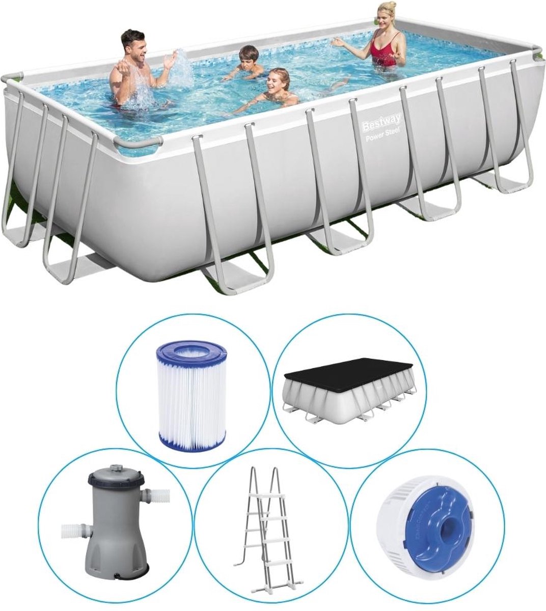 Bestway - Power Steel - Opzetzwembad inclusief filterpomp en accessoires - 488x244x122 cm - Rechthoekig