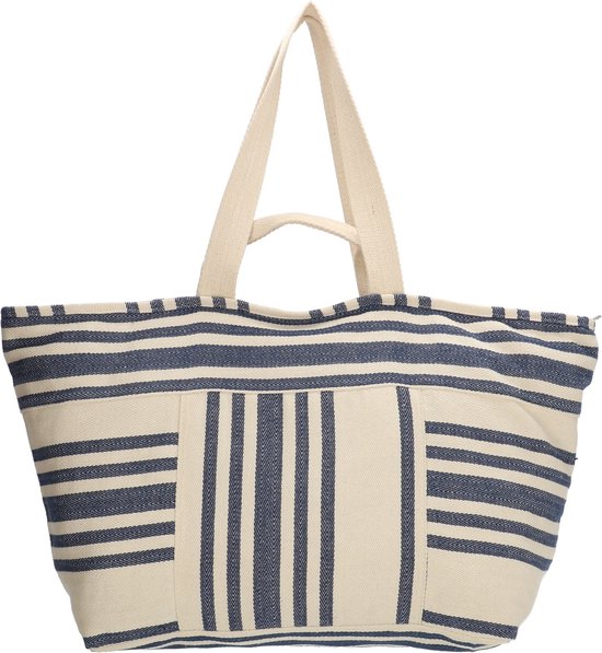 Grote XL strandtas met ritssluiting, navy en crème strepen en verticale strepen op de voorkant.